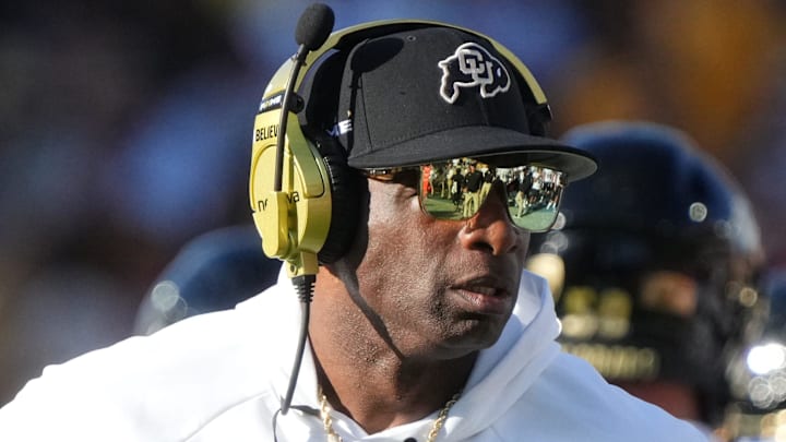 Oct 7, 2023; Tempe, Arizona, USA; Colorado Buffaloes head coach Deion Sanders walks the sidelines as his team takes on the ASU Sun Devils at Mountain America Stadium.