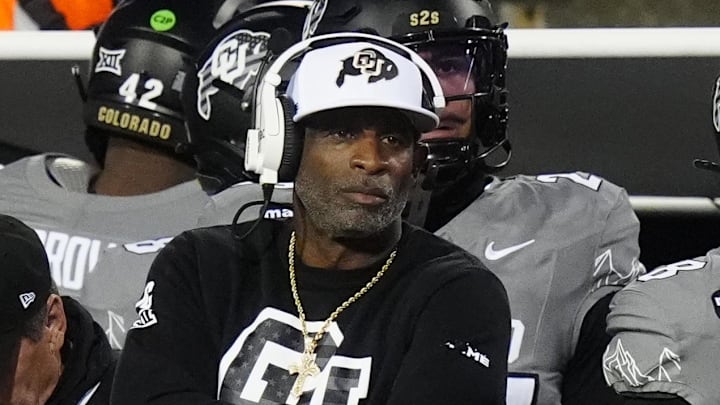 Nov 1, 2025; Boulder, Colorado, USA; Colorado Buffaloes head coach Deion Sanders on the sidelines in the second quarter against the Arizona Wildcats at Folsom Field. 