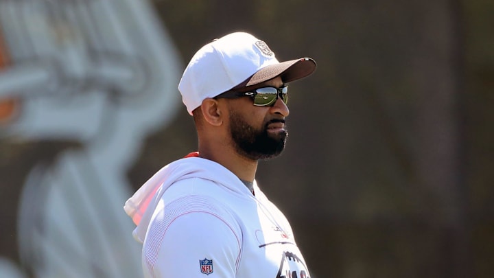 Browns general manager Andrew Berry watches practice during rookie minicamp May 9, 2025, in Berea.