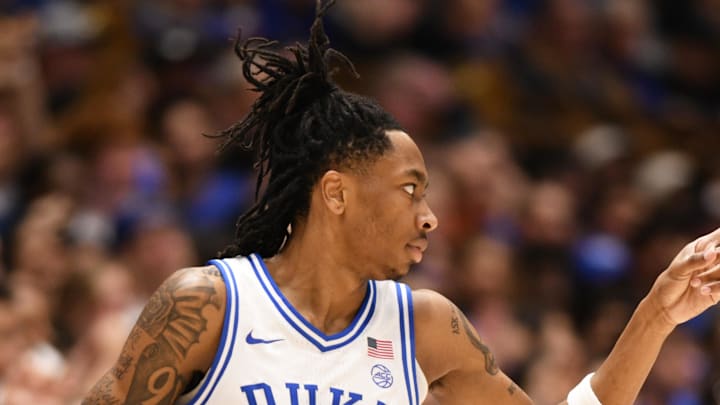 Feb 16, 2026; Durham, North Carolina, USA;  Duke Blue Devils guard Isaiah Evans (3) reacts after scoring against the Syracuse Orange during the during the first half at Cameron Indoor Stadium. Mandatory Credit: Zachary Taft-Imagn Images