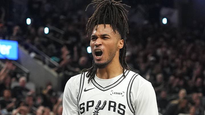 Apr 28, 2026; San Antonio, Texas, USA; San Antonio Spurs guard Stephon Castle (5) reacts after guard Dylan Harper (2) scored during the first half of game five of the first round of the 2026 NBA Playoffs against the Portland Trail Blazers at Frost Bank Center. Mandatory Credit: Scott Wachter-Imagn Images Apr 28, 2026; San Antonio, Texas, USA; San Antonio Spurs guard Stephon Castle (5) reacts after guard Dylan Harper (2) scored during the first half of game five of the first round of the 2026 NBA Playoffs against the Portland Trail Blazers at Frost Bank Center. Mandatory Credit: Scott Wachter-Imagn Images