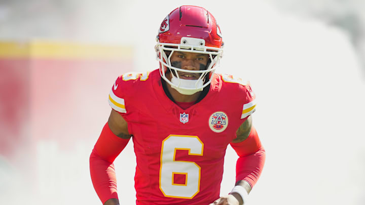 Sep 28, 2025; Kansas City, Missouri, USA; Kansas City Chiefs safety Bryan Cook (6) takes the field prior to a game against the Baltimore Ravens at GEHA Field at Arrowhead Stadium. Mandatory Credit: Jay Biggerstaff-Imagn Images