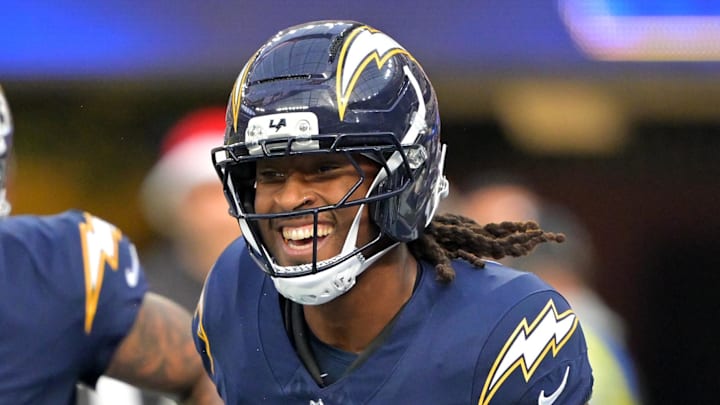 Nov 30, 2025; Inglewood, California, USA; Los Angeles Chargers wide receiver Quentin Johnston (1) reacts after scoring a touchdown against the Las Vegas Raiders during the first half at SoFi Stadium. Mandatory Credit: Jayne Kamin-Oncea-Imagn Images Nov 30, 2025; Inglewood, California, USA; Los Angeles Chargers wide receiver Quentin Johnston (1) reacts after scoring a touchdown against the Las Vegas Raiders during the first half at SoFi Stadium. Mandatory Credit: Jayne Kamin-Oncea-Imagn Images