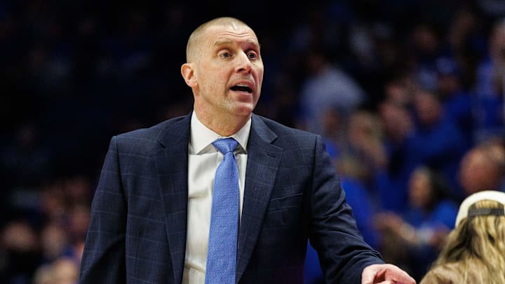 Feb 19, 2025; Lexington, Kentucky, USA; Kentucky Wildcats head coach Mark Pope calls for a player from the bench during the first half against the Vanderbilt Commodores at Rupp Arena at Central Bank Center. Mandatory Credit: Jordan Prather-Imagn Images