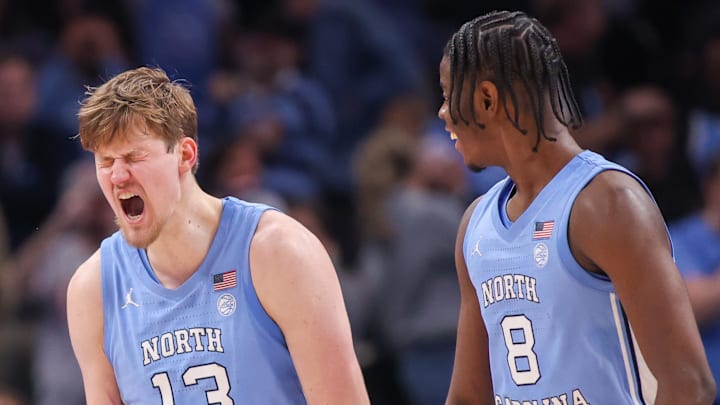 Dec 20, 2025; Atlanta, Georgia, USA; North Carolina Tar Heels center Henri Veesaar (13) celebrates after a basket against the Ohio State Buckeyes in the second half at State Farm Arena. Mandatory Credit: Brett Davis-Imagn Images
