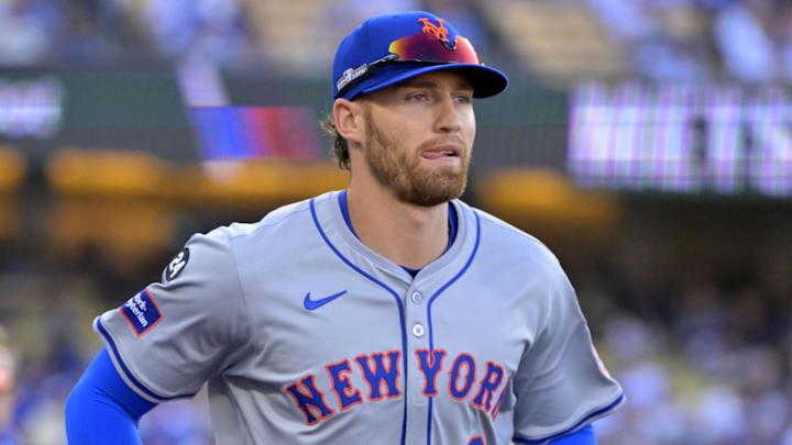 Oct 13, 2024; Los Angeles, California, USA; New York Mets outfielder Brandon Nimmo (9) takes the field before game one of the NLCS for the 2024 MLB Playoffs at Dodger Stadium. Mandatory Credit: Jayne Kamin-Oncea-Imagn Images Oct 13, 2024; Los Angeles, California, USA; New York Mets outfielder Brandon Nimmo (9) takes the field before game one of the NLCS for the 2024 MLB Playoffs at Dodger Stadium. Mandatory Credit: Jayne Kamin-Oncea-Imagn Images