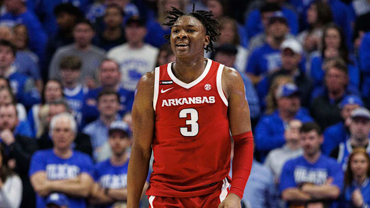 Feb 1, 2025; Lexington, Kentucky, USA; Arkansas Razorbacks forward Adou Thiero (3) reacts after making a basket during the first half against the Kentucky Wildcats at Rupp Arena at Central Bank Center. Mandatory Credit: Jordan Prather-Imagn Images