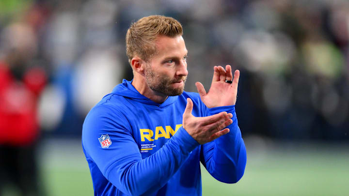 Dec 18, 2025; Seattle, Washington, USA; Los Angeles Rams head coach Sean McVay looks on before the game against the Seattle Seahawks at Lumen Field. Mandatory Credit: Steven Bisig-Imagn Images