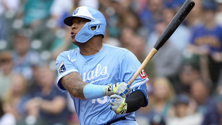 Kansas City Royals catcher Salvador Perez (13) hits an RBI single against the Seattle Mariners during the first inning at T-Mobile Park on July 2. 