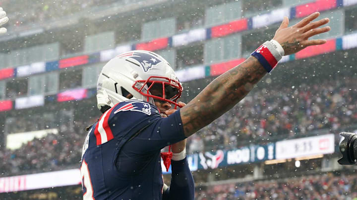 Jan 18, 2026; Foxborough, MA, USA; New England Patriots wide receiver DeMario Douglas (3) celebrates a touchdown in the first quarter in an AFC Divisional Round game against the Houston Texans at Gillette Stadium. Mandatory Credit: David Butler II-Imagn Images