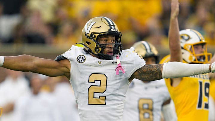 Sep 21, 2024; Columbia, Missouri, USA; Vanderbilt Commodores linebacker Randon Fontenette (2) reacts after a missed field goal by Missouri Tigers place kicker Blake Craig (19) during the second half at Faurot Field at Memorial Stadium. Mandatory Credit: Jay Biggerstaff-Imagn Images