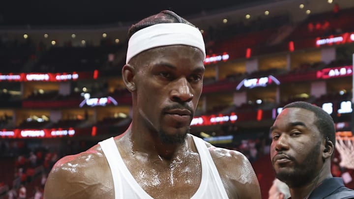 Apr 20, 2025; Houston, Texas, USA; Golden State Warriors forward Jimmy Butler III (10) walks off the court after the game against the Houston Rockets at Toyota Center. Mandatory Credit: Troy Taormina-Imagn Images Apr 20, 2025; Houston, Texas, USA; Golden State Warriors forward Jimmy Butler III (10) walks off the court after the game against the Houston Rockets at Toyota Center. Mandatory Credit: Troy Taormina-Imagn Images