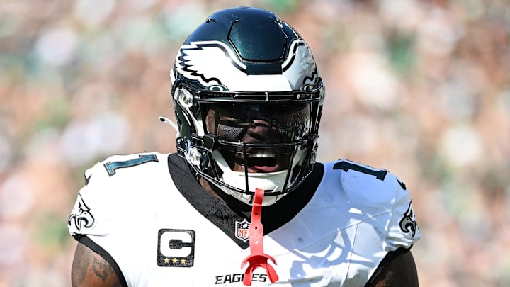 Sep 21, 2025; Philadelphia, Pennsylvania, USA; Philadelphia Eagles wide receiver AJ. Brown (11) reacts against the Los Angeles Rams during the second half at Lincoln Financial Field. Mandatory Credit: Eric Hartline-Imagn Images
