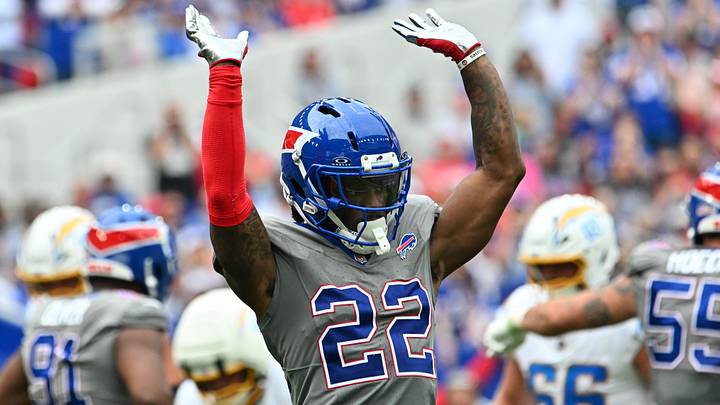 Buffalo Bills safety C.J. Gardner-Johnson reacts in the third quarter against the Los Angeles Chargers at New Highmark Stadium. Buffalo Bills safety C.J. Gardner-Johnson reacts in the third quarter against the Los Angeles Chargers at New Highmark Stadium.