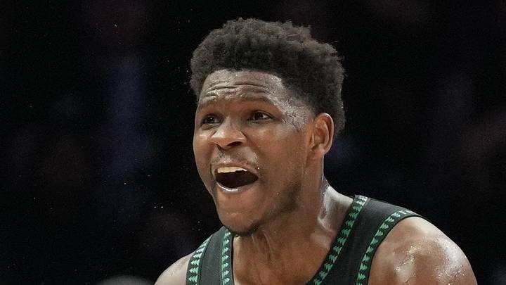 May 15, 2026; Minneapolis, Minnesota, USA; Minnesota Timberwolves guard Anthony Edwards (5) reacts to call on the court against the San Antonio Spurs in the second half during game six of the second round of the 2026 NBA Playoffs at Target Center. Mandatory Credit: Jesse Johnson-Imagn Images
