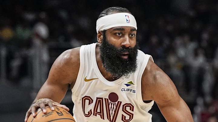 Apr 10, 2026; Atlanta, Georgia, USA; Cleveland Cavaliers guard James Harden (1) controls the ball against the Atlanta Hawks during the second half at State Farm Arena. Mandatory Credit: Dale Zanine-Imagn Images