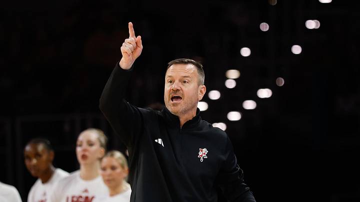 Mar 28, 2026; Fort Worth, TX, USA;  Louisville Cardinals head coach Jeff Walz reacts on the sideline during the first half against the Michigan Wolverines at Dickies Arena. Mandatory Credit: Chris Jones-Imagn Images