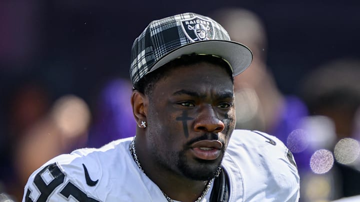 Sep 15, 2024; Baltimore, Maryland, USA; Las Vegas Raiders defensive end Janarius Robinson (97) looks on before the game against the Baltimore Ravens at M&T Bank Stadium. Mandatory Credit: Reggie Hildred-Imagn Images