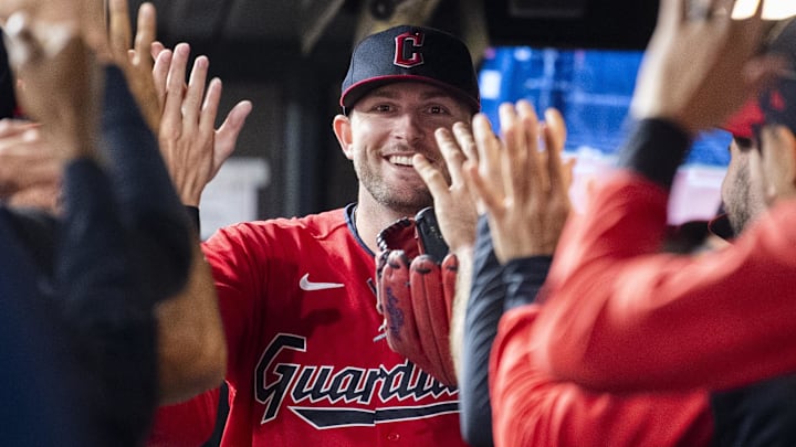 Sep 17, 2022; Cleveland, Ohio, USA; Cleveland Guardians starting pitcher Konnor Pilkington (45) celebrates after coming out of the game during the sixth inning against the Minnesota Twins at Progressive Field. Mandatory Credit: Ken Blaze-Imagn Images Sep 17, 2022; Cleveland, Ohio, USA; Cleveland Guardians starting pitcher Konnor Pilkington (45) celebrates after coming out of the game during the sixth inning against the Minnesota Twins at Progressive Field. Mandatory Credit: Ken Blaze-Imagn Images