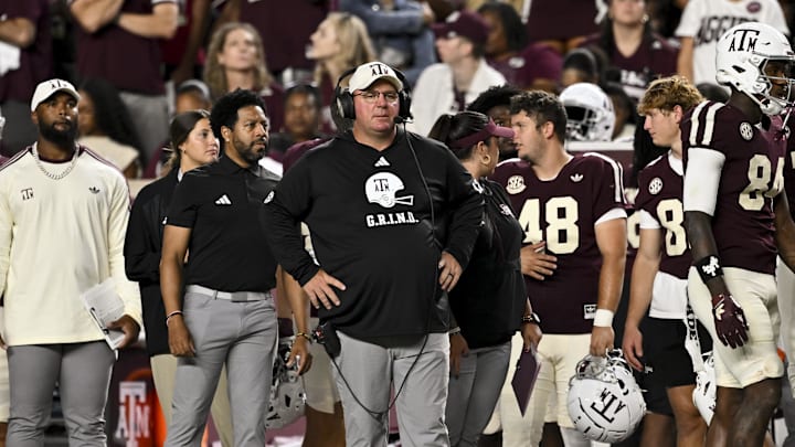 Oct 11, 2025; College Station, Texas, USA; Texas A&M Aggies head coach Mike Elko looks on during the third quarter against the Florida Gators at Kyle Field. Mandatory Credit: Maria Lysaker-Imagn Images 
