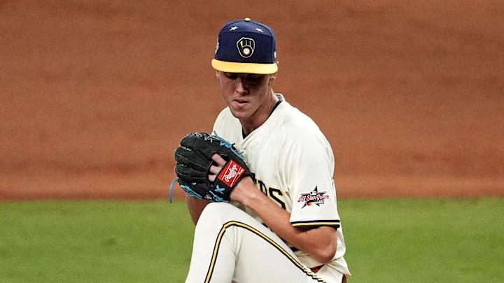 Jul 15, 2025; Cumberland, Georgia, USA; National League pitcher Jacob
Misiorowski of the Milwaukee Brewers pitches during the eighth inning during the 2025 MLB All Star Game at Truist Park. Mandatory Credit: Dale Zanine-Imagn Images Jul 15, 2025; Cumberland, Georgia, USA; National League pitcher Jacob
Misiorowski of the Milwaukee Brewers pitches during the eighth inning during the 2025 MLB All Star Game at Truist Park. Mandatory Credit: Dale Zanine-Imagn Images