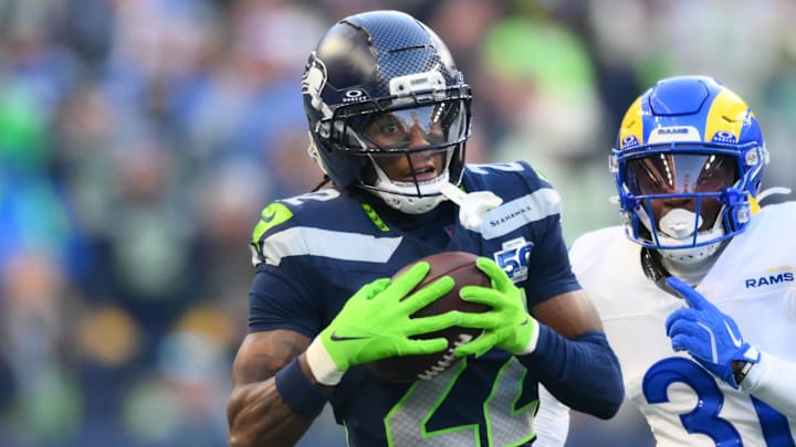 Jan 25, 2026; Seattle, WA, USA; Seattle Seahawks wide receiver Rashid Shaheed (22) makes a catch in the first half against the Los Angeles Rams in the 2026 NFC Championship Game at Lumen Field. Mandatory Credit: Steven Bisig-Imagn Images