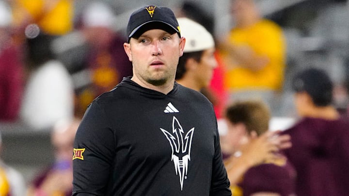 Arizona State head coach Kenny Dillingham walks the field prior to a game against Arizona at Mountain America Stadium in Tempe, on Nov. 28, 2025.