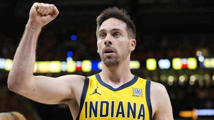 Jun 19, 2025; Indianapolis, Indiana, USA; Indiana Pacers guard T.J. McConnell (9) reacts at the end of the third quarter against the Oklahoma City Thunder during the second half of game six of the 2025 NBA Finals between the Oklahoma City Thunder and the Indiana Pacers at Gainbridge Fieldhouse. Mandatory Credit: Kyle Terada-Imagn Images