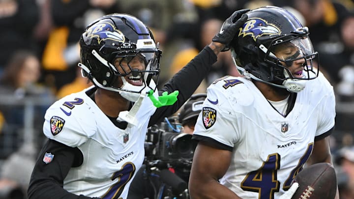Nov 17, 2024; Pittsburgh, Pennsylvania, USA; Baltimore Ravens cornerback Marlon Humphrey (44) celebrates with Nate Wiggins (2) after ntercepting a pass in the end zone against the Pittsburgh Steelers during the fourth quarter at Acrisure Stadium. Mandatory Credit: Barry Reeger-Imagn Images Nov 17, 2024; Pittsburgh, Pennsylvania, USA; Baltimore Ravens cornerback Marlon Humphrey (44) celebrates with Nate Wiggins (2) after ntercepting a pass in the end zone against the Pittsburgh Steelers during the fourth quarter at Acrisure Stadium. Mandatory Credit: Barry Reeger-Imagn Images