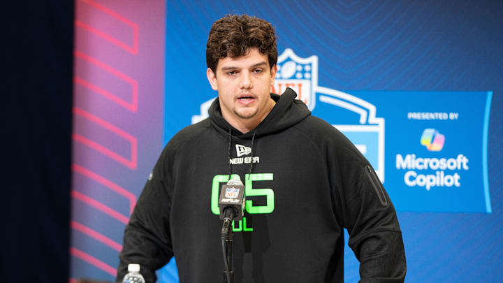Mar 1, 2025; Indianapolis, IN, USA; Louisiana State University offensive lineman Will Campbell (OL05) answers questions at a press conference during the 2025 NFL Combine at Indiana Convention Center. Mandatory Credit: Jacob Musselman-Imagn Images