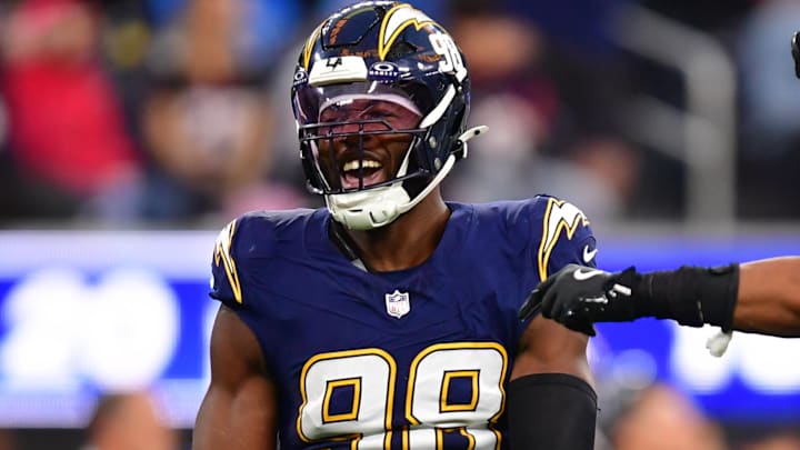 Los Angeles Chargers linebacker Odafe Oweh reacts after a defensive play against the Houston Texans.