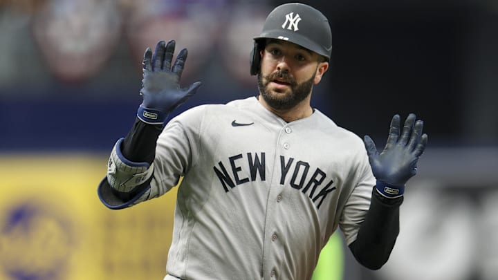 New York Yankees catcher Austin Wells (28) runs the bases after hitting a home run against the Tampa Bay Rays in the second inning at Tropicana Field.