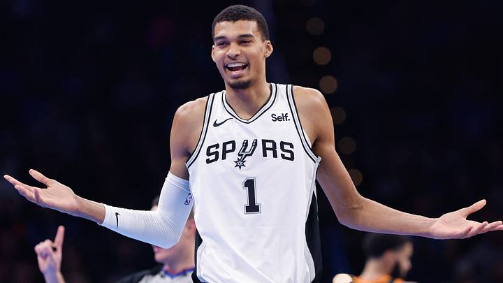 Nov 14, 2023; Oklahoma City, Oklahoma, USA; San Antonio Spurs center Victor Wembanyama (1) reacts after receiving a technical during the second quarter against the Oklahoma City Thunder at Paycom Center. Mandatory Credit: Alonzo Adams-USA TODAY Sports
