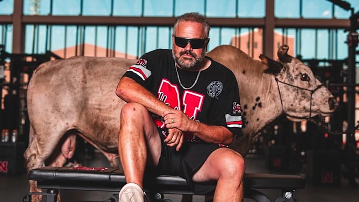 Nebraska head coach Matt Rhule's iconic picture with a bull inside the Tom Osborne Legacy Complex. 