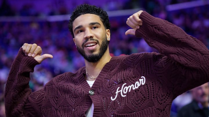 Oct 27, 2025; New Orleans, Louisiana, USA; Boston Celtics forward Jayson Tatum reacts during introductions during a game against the New Orleans Pelicans at Smoothie King Center. Mandatory Credit: Matthew Hinton-Imagn Images