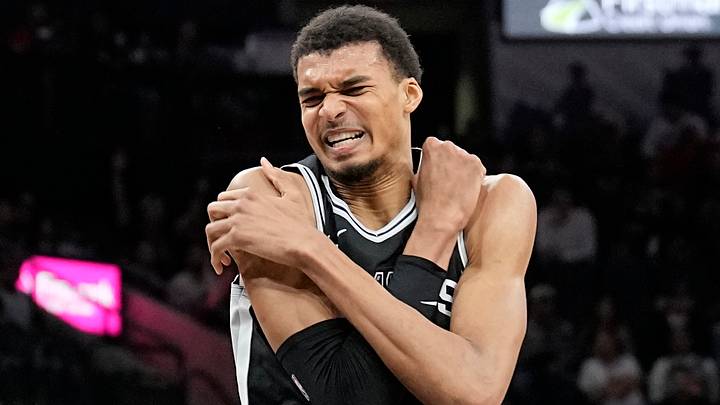 Feb 2, 2024; San Antonio, Texas, USA; San Antonio Spurs forward Victor Wembanyama (1) reacts after getting fouled during the second half against the New Orleans Pelicans at Frost Bank Center. Mandatory Credit: Scott Wachter-USA TODAY Sports
