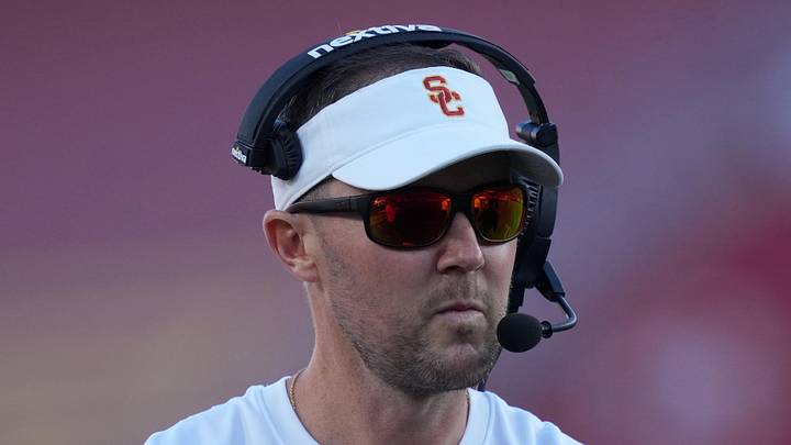 Oct 21, 2023; Los Angeles, California, USA; Southern California Trojans head coach Lincoln Riley watches from the sidelines against the Utah Utes in the first half at United Airlines Field at Los Angeles Memorial Coliseum. Mandatory Credit: Kirby Lee-USA TODAY Sports Oct 21, 2023; Los Angeles, California, USA; Southern California Trojans head coach Lincoln Riley watches from the sidelines against the Utah Utes in the first half at United Airlines Field at Los Angeles Memorial Coliseum. Mandatory Credit: Kirby Lee-USA TODAY Sports