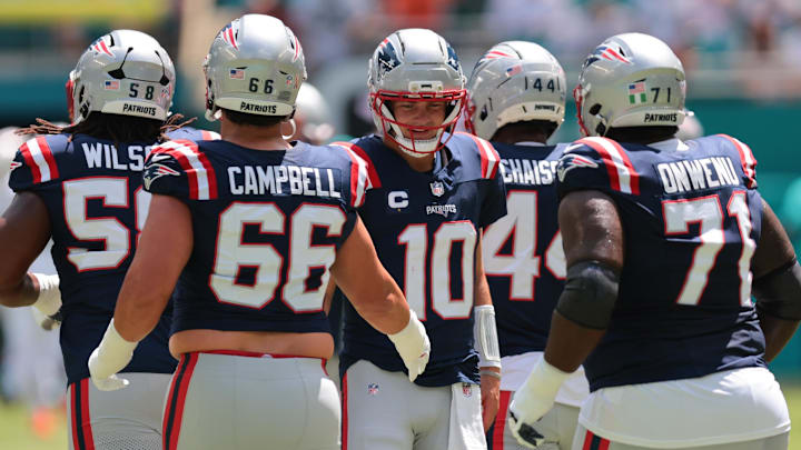 The Patriots’ offensive line has had a tough time protecting quarterback Drake Maye during the playoffs.