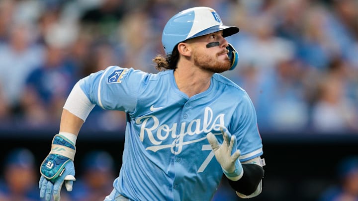 Sep 20, 2025; Kansas City, Missouri, USA;  Kansas City Royals shortstop Bobby Witt Jr. (7) runs to first base during the fifth inning against the Toronto Blue Jays at Kauffman Stadium. Mandatory Credit: William Purnell-Imagn Images