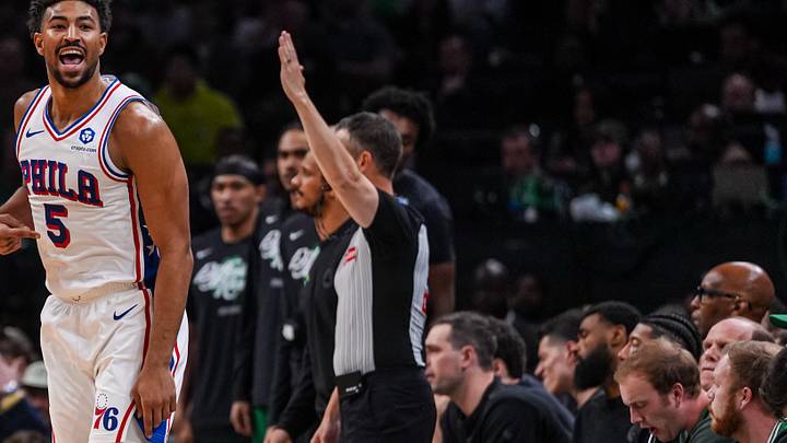 Apr 28, 2026; Boston, Massachusetts, USA; Philadelphia 76ers guard Quentin Grimes (5) reacts after his three point basket against the Boston Celtics in the second half during game five of the first round of the 2026 NBA Playoffs at TD Garden. Mandatory Credit: David Butler II-Imagn Images