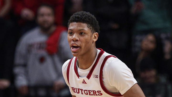 Feb 12, 2025; Piscataway, New Jersey, USA; Rutgers Scarlet Knights guard Ace Bailey (4) dribbles up court during the second half against the Iowa Hawkeyes at Jersey Mike's Arena. Mandatory Credit: Vincent Carchietta-Imagn Images