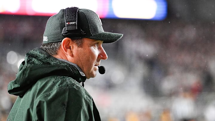 Sep 21, 2024; Chestnut Hill, Massachusetts, USA; Michigan State Spartans head coach Jonathan Smith watches from the sideline during the first half against the Boston College Eagles at Alumni Stadium. Mandatory Credit: Eric Canha-Imagn Images