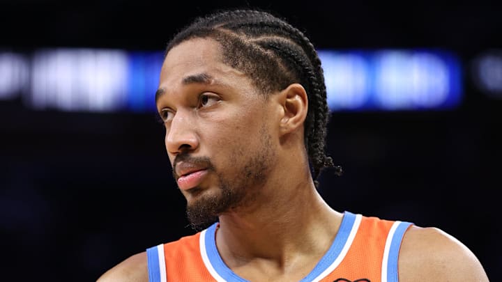 Dec 19, 2024; Orlando, Florida, USA; Oklahoma City Thunder guard Aaron Wiggins (21) looks on against the Orlando Magic in the fourth quarter at Kia Center. Mandatory Credit: Nathan Ray Seebeck-Imagn Images