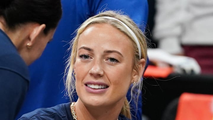 Indiana Fever guard Sophie Cunningham (8) on the sidelines on July 15, 2025.