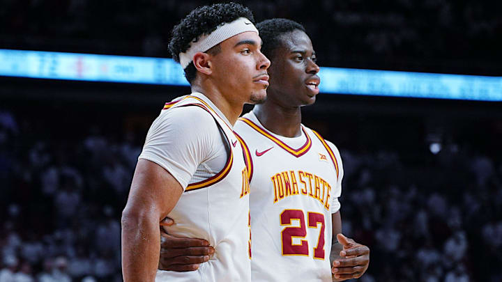 Iowa State Cyclones guard Tamin Lipsey (3) and Iowa State Cyclones forward Killyan Toure (27) celebrates after winning 69-72 over Baylor in the Big-12 men’s basketball on Feb. 7, 2026, at Hilton Coliseum in Ames, Iowa