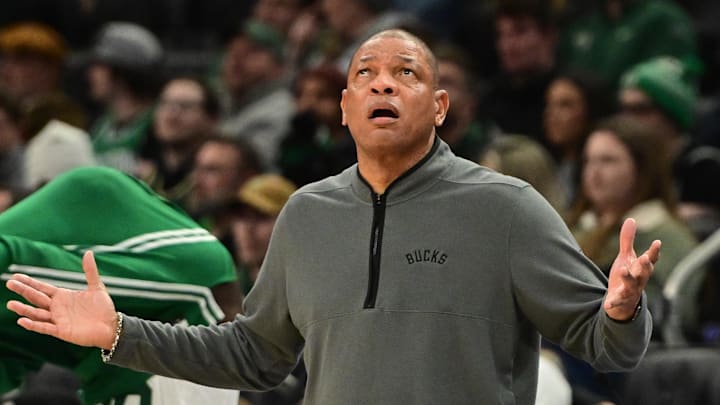 Milwaukee Bucks head coach Doc Rivers reacts in the second quarter against the Boston Celtics at Fiserv Forum on December 11, 2025. Milwaukee Bucks head coach Doc Rivers reacts in the second quarter against the Boston Celtics at Fiserv Forum on December 11, 2025.