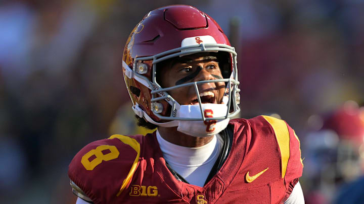 Oct 11, 2025; Los Angeles, California, USA; USC Trojans wide receiver Ja'Kobi Lane (8) celebrates after a touchdown in the first half against the Michigan Wolverines at United Airlines Field at the Los Angeles Memorial Coliseum. Mandatory Credit: Jayne Kamin-Oncea-Imagn Images Oct 11, 2025; Los Angeles, California, USA; USC Trojans wide receiver Ja'Kobi Lane (8) celebrates after a touchdown in the first half against the Michigan Wolverines at United Airlines Field at the Los Angeles Memorial Coliseum. Mandatory Credit: Jayne Kamin-Oncea-Imagn Images