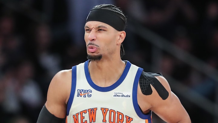 Dec 21, 2025; New York, New York, USA;  New York Knicks guard Josh Hart (3) gestures after making a three-point shot in the fourth quarter against the Miami Heat at Madison Square Garden. Mandatory Credit: Wendell Cruz-Imagn Images