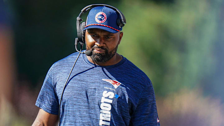 Sep 15, 2024; Foxborough, Massachusetts, USA; New England Patriots head coach Jerod Mayo watches from the sideline as they take on the Seattle Seahawks at Gillette Stadium. Mandatory Credit: David Butler II-Imagn Images Sep 15, 2024; Foxborough, Massachusetts, USA; New England Patriots head coach Jerod Mayo watches from the sideline as they take on the Seattle Seahawks at Gillette Stadium. Mandatory Credit: David Butler II-Imagn Images