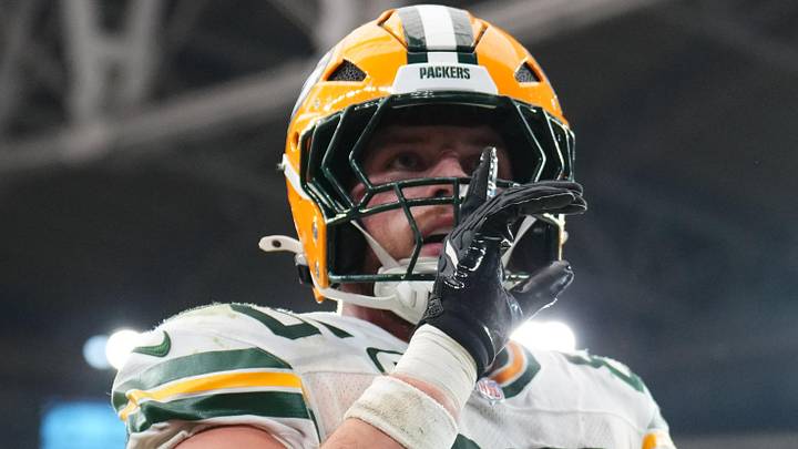 Green Bay Packers tight end Tucker Kraft (85) celebrates a touchdown against the Arizona Cardinals. Green Bay Packers tight end Tucker Kraft (85) celebrates a touchdown against the Arizona Cardinals.